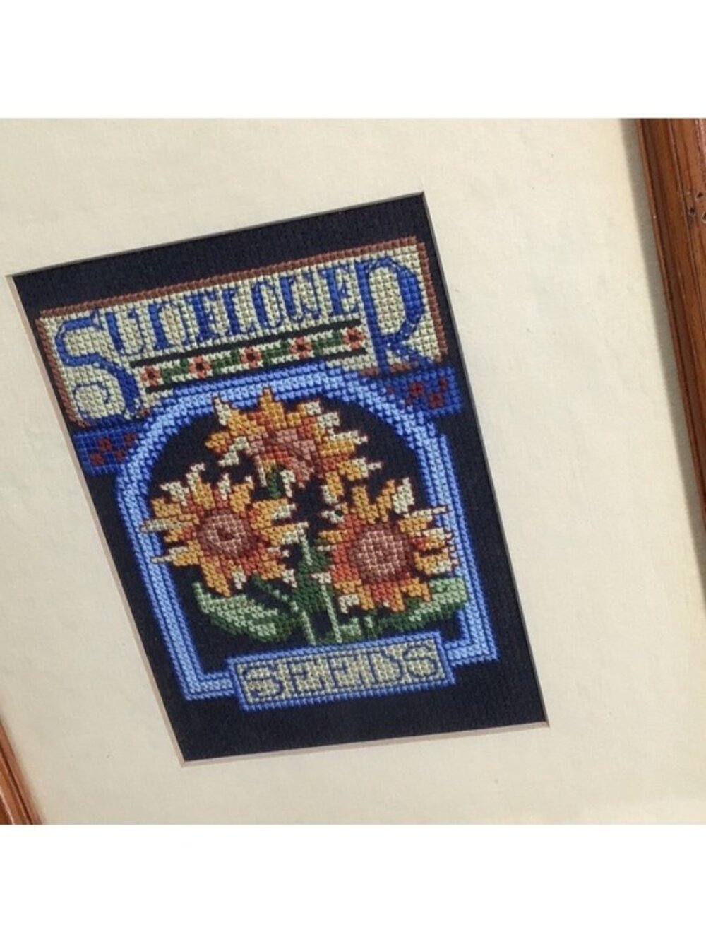 Vintage Framed Cross-Stitch Art Featuring Sunflower Seeds Rustic Wooden Frame